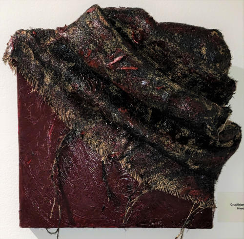 Crucifixion Meditation 5, Mixed Media and Fiber on Canvas, 14'' X 12'' X 1.5'', 2019