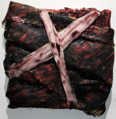 Crucifixion Meditation 3, Mixed Media and Fiber on Canvas, 14'' X 12'' X 1.5'', 2019